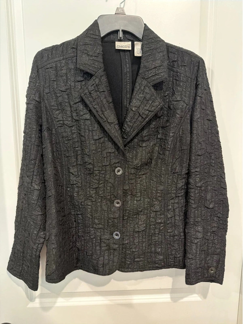 Chico’s Women’s Black Textured Crinkle Blazer Jacket Button Front
